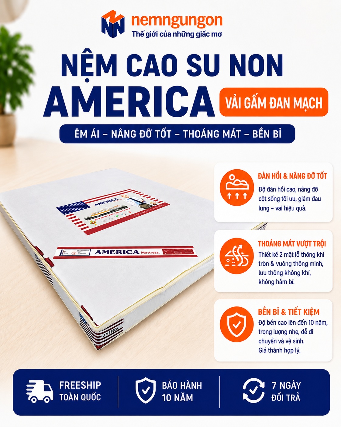 NỆM CAO SU NON AMERICA GẤM ĐAN MẠCH Nệm Ngủ Ngon - Nệm cao su non America gấm đan mạch