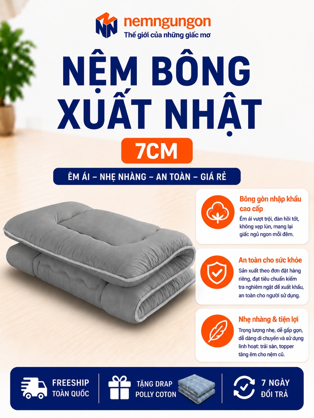 Nệm bông xuất Nhật - Nệm topper xuất Nhật