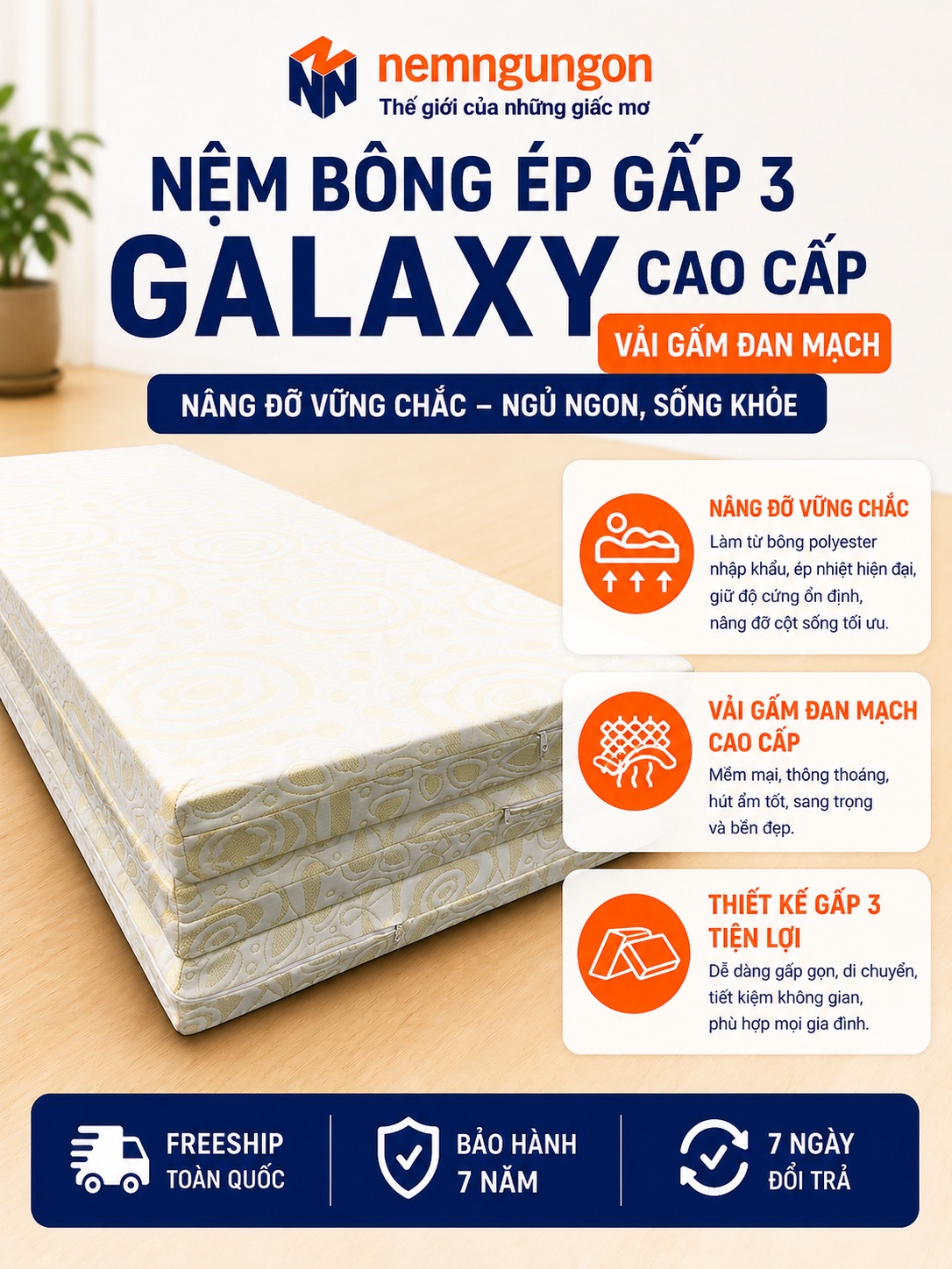 NỆM BÔNG ÉP GẤP 3 GALAXY CAO CẤP GẤM ĐAN MẠCH Nệm Ngủ Ngon - Nệm Bông ép gấp 3 Galaxy Cao cấp gấm Đan Mạch