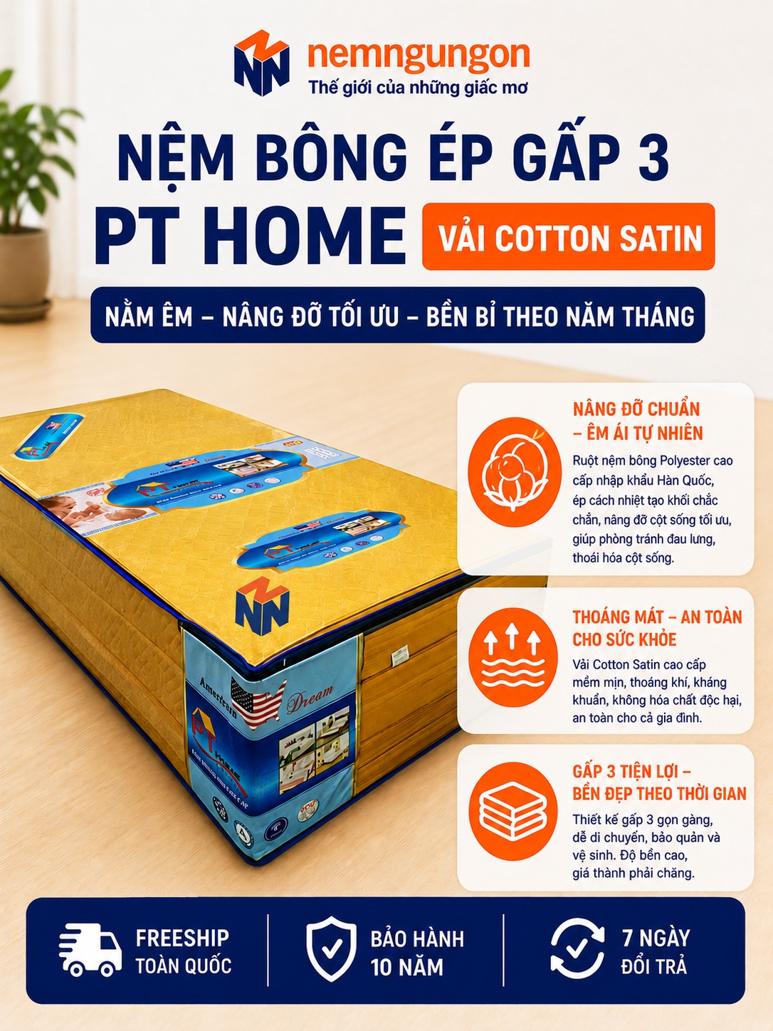 Nệm bông ép PT Home cao cấp gấp 3 vải Cotton Satin – Phạm Thanh