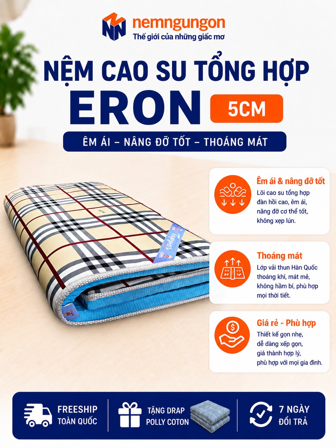 Nệm cao su trải sàn Eron 3 lớp êm ái thoáng mát 5cm - Phạm Thanh