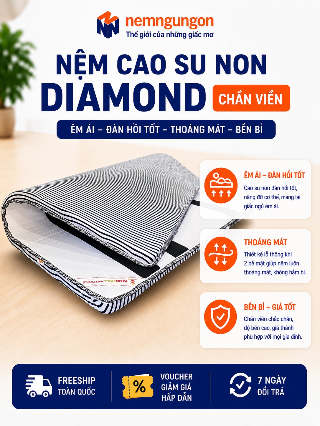 NỆM CAO SU NON DIAMOND CHẦN VIỀN Nệm Ngủ Ngon - Nệm cao su non Diamond chần viền