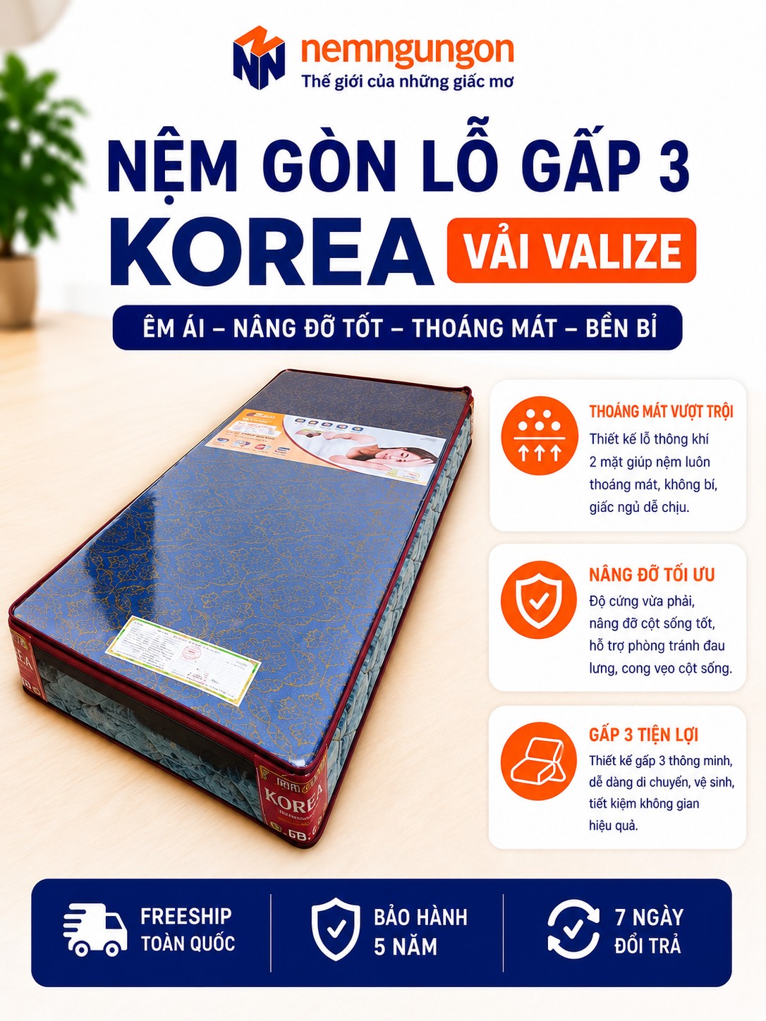 Nệm gòn lỗ Korea gấp 3 - Phạm Thanh