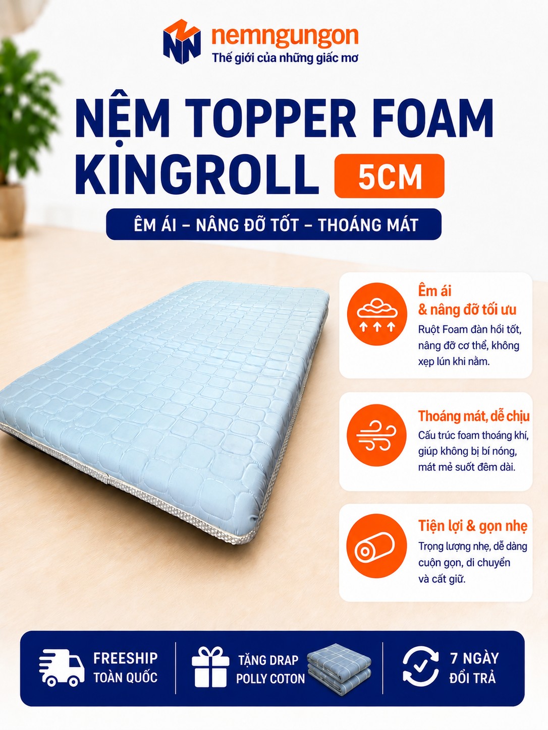Nệm Topper Foam Kingroll 5cm - Phạm Thanh