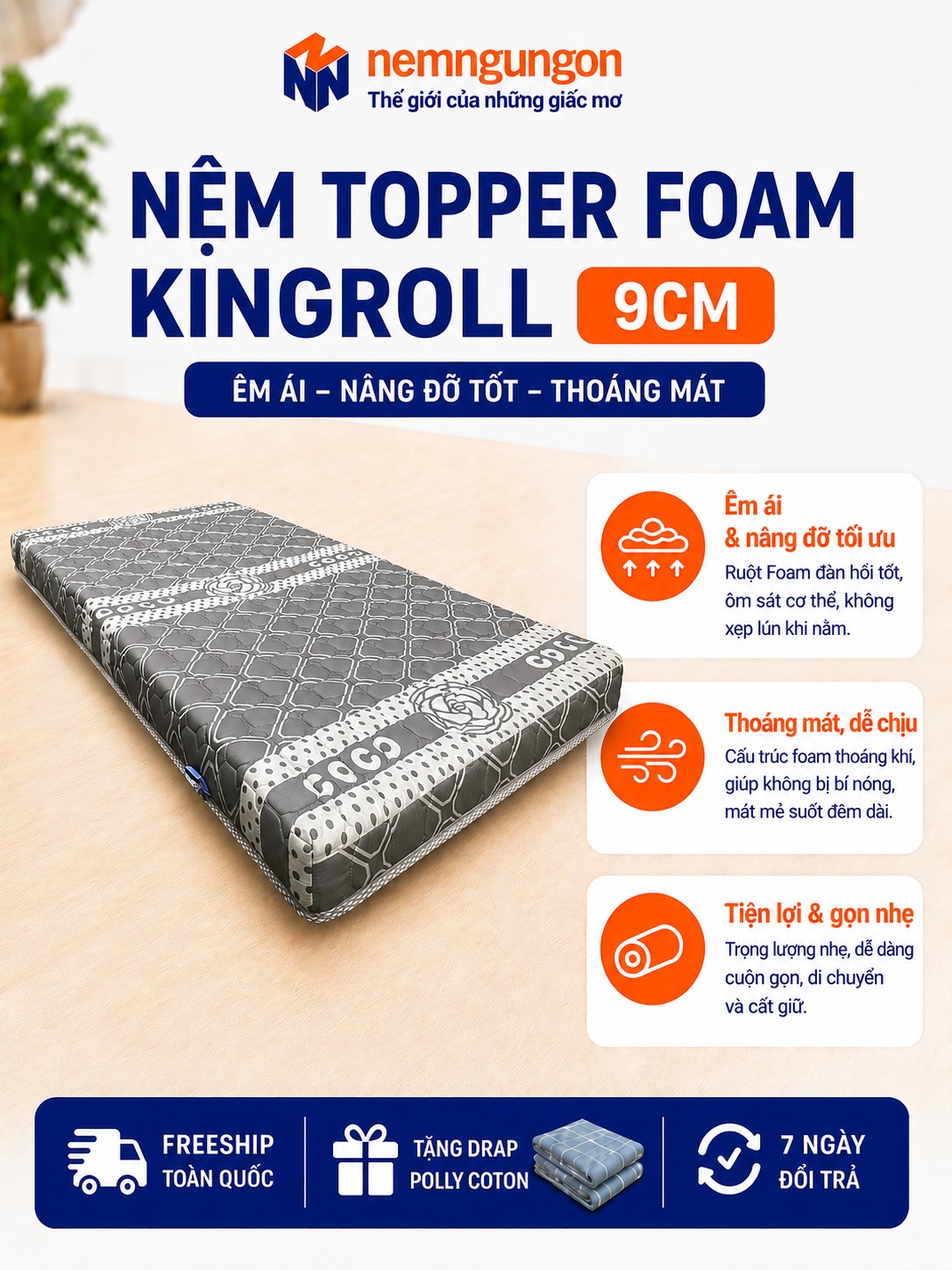 Nệm Topper Foam Kingroll 9cm – Phạm Thanh