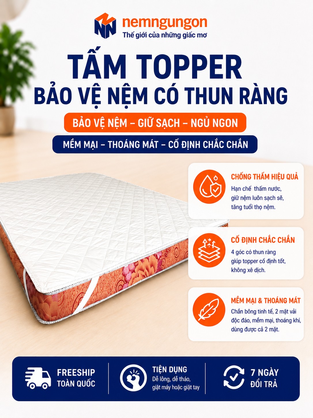 TẤM TOPPER BẢO VỆ CÓ THUN RANG Nệm Ngủ Ngon - Tấm bảo vệ có thun ràng